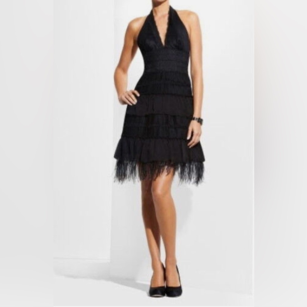 BCBGMaxAzria Black Lace & Feather Halter Dress - Size 2